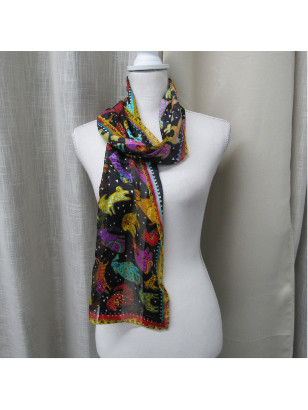 Vintage Laurel Burch Silk Scarf Cats The Honey Collection Whimsical Art Scarf